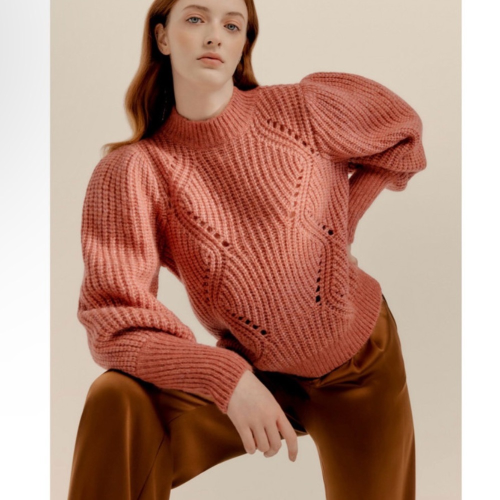 Cuyana Italian Alpaca Wool Chunky Knit Balloon Sleeve Sweater Passion Fruit M